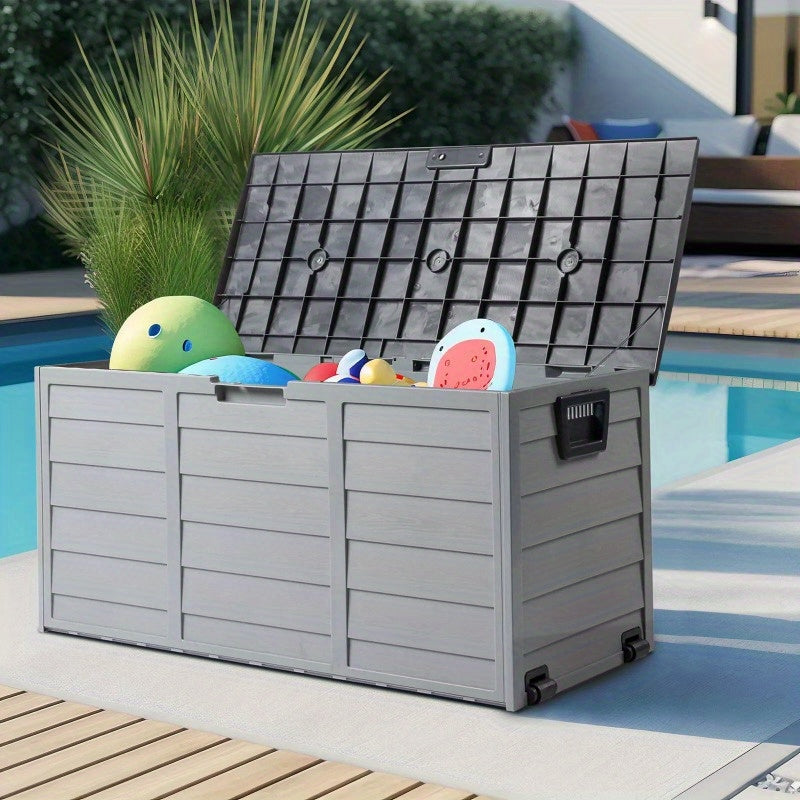 All Weather UV Swimming Pool Deck Box Storage Shed Backyard Patio Outdoor with Wheels