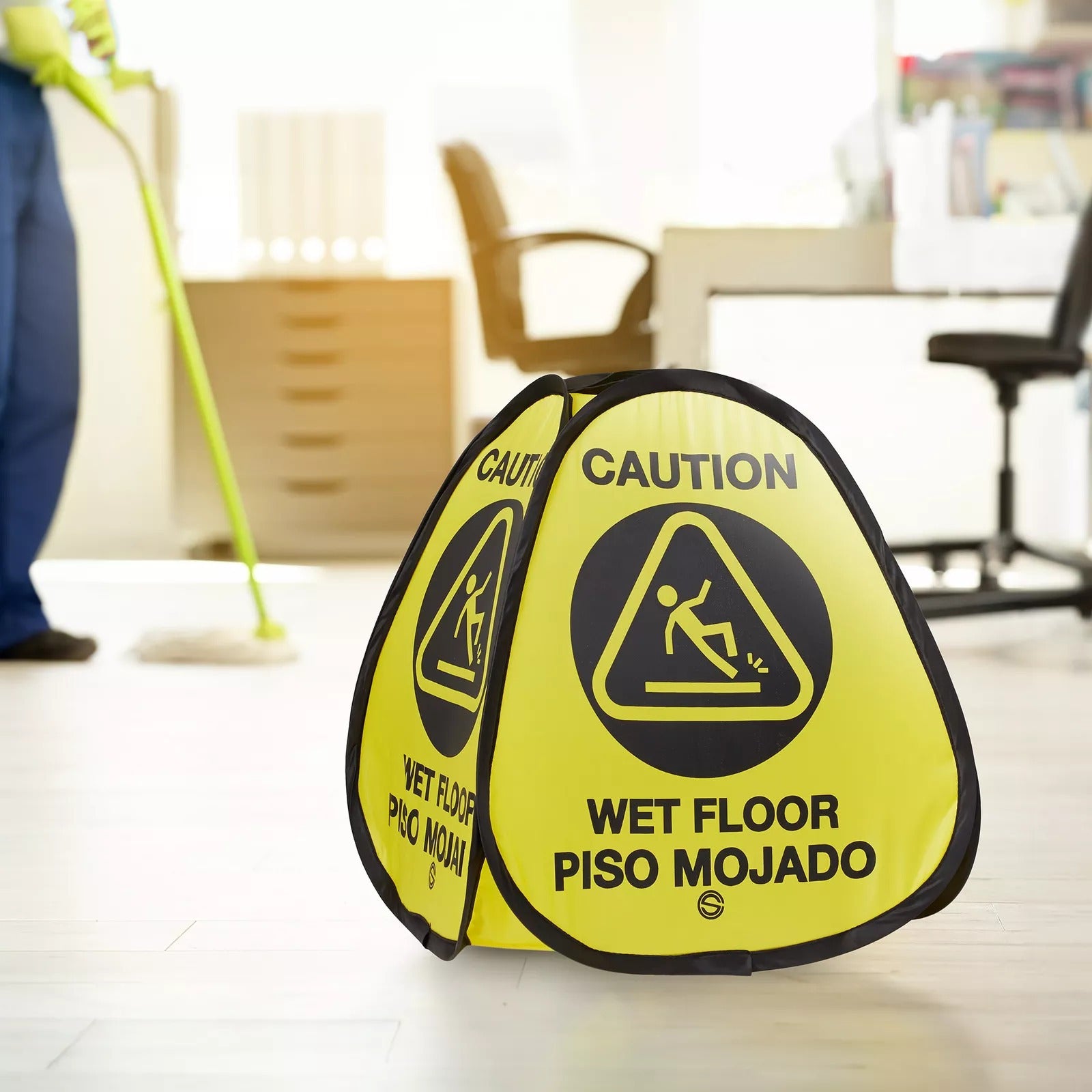 3-Pack 16" Pop-up Caution Wet Floor Signs, Yellow 4-Sided English/Spanish Warning