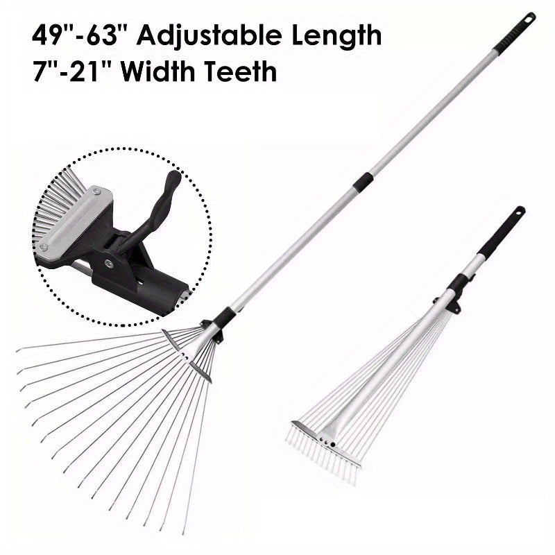 63 Inch Expandable Garden Leaf Rake Adjustable Stainless Steel Lawn Cleaning Tool