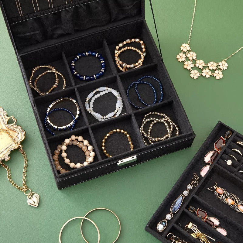 Velvet Jewelry Box Storage Box with Lock- 2 Layer Travel Case, Jewelry Storage