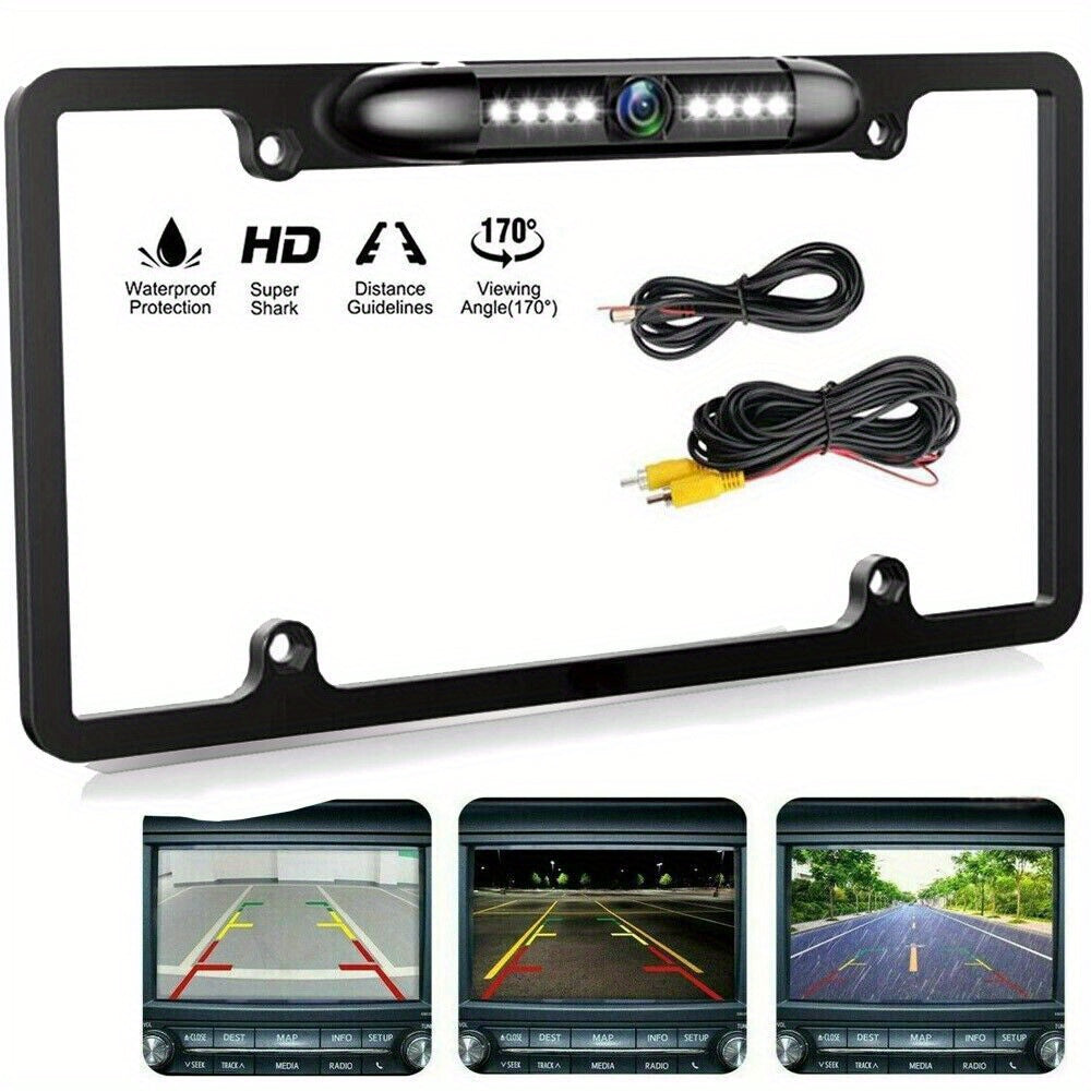 US License Plate Metal Frame Rear View Backup Camera CMOS HD Night LED Black