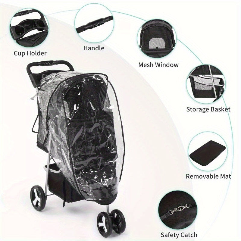 3 wheel foldable pet stroller with cover, pet stroller suitable for small and medium dogs