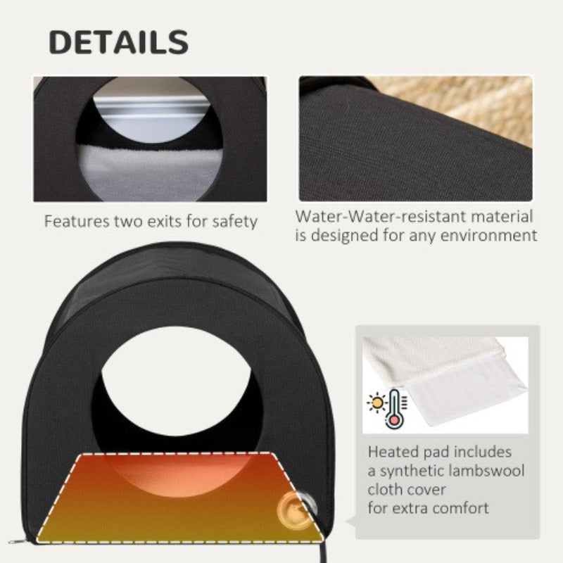 Portable Dome Heated Cat House – Waterproof Winter Shelter for Kitty, Black