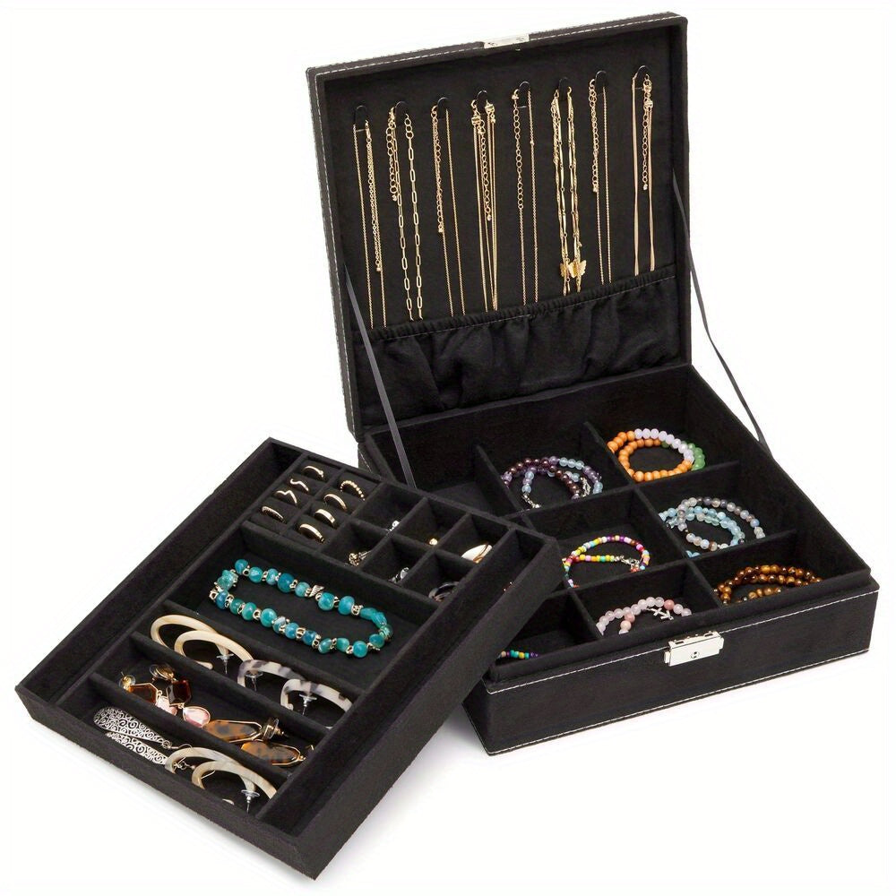 Velvet Jewelry Box Storage Box with Lock- 2 Layer Travel Case, Jewelry Storage