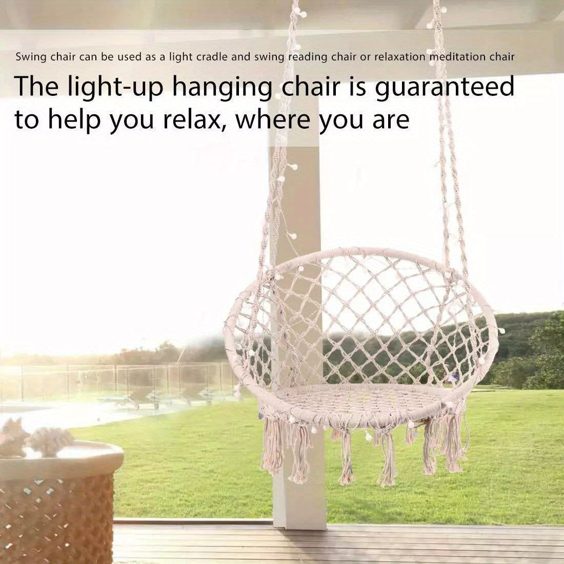 Hanging Macrame Hammock Chair Seat Swing 39FT LED Lights Indoor Outdoor