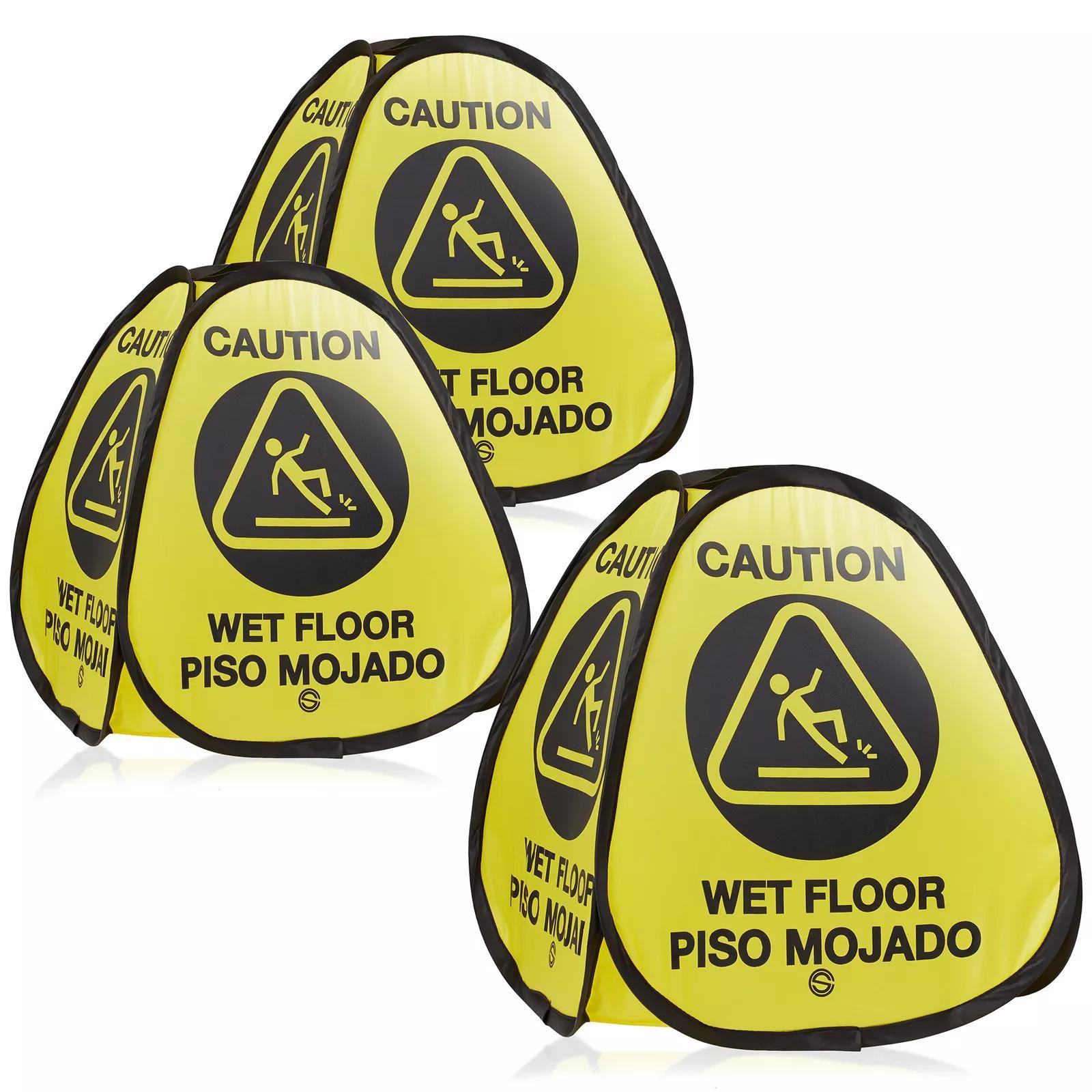 3-Pack 16" Pop-up Caution Wet Floor Signs, Yellow 4-Sided English/Spanish Warning