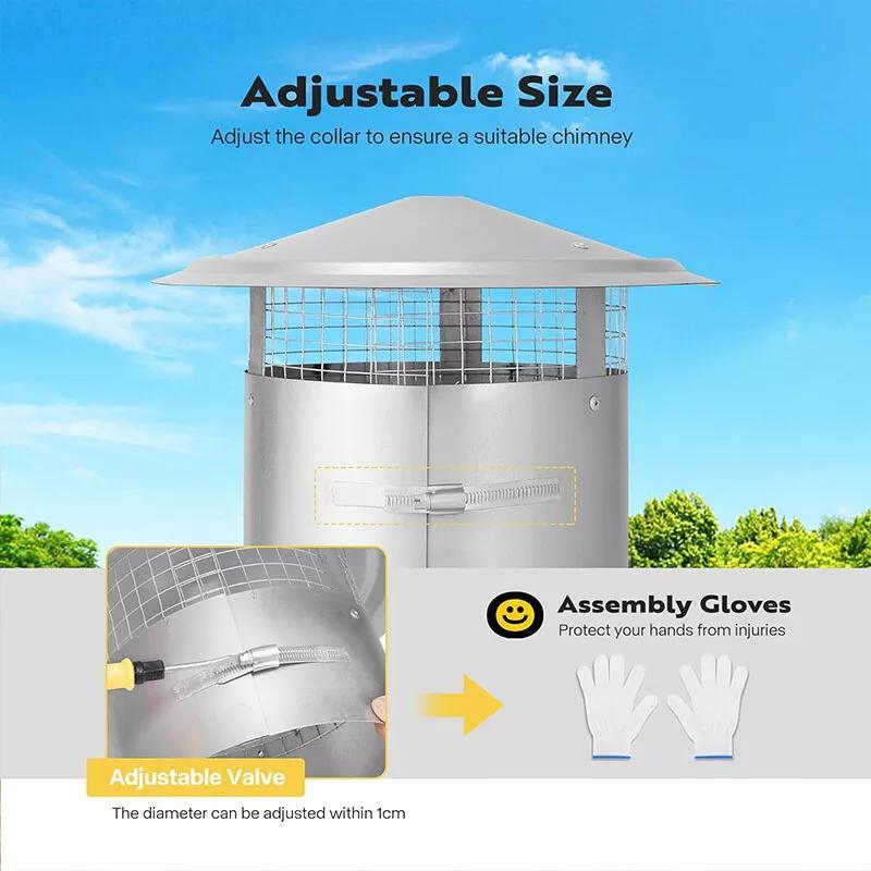 10" Cone Top Chimney Cap w/ Screen, Adjustable Round Roof Rain Chimney Cover