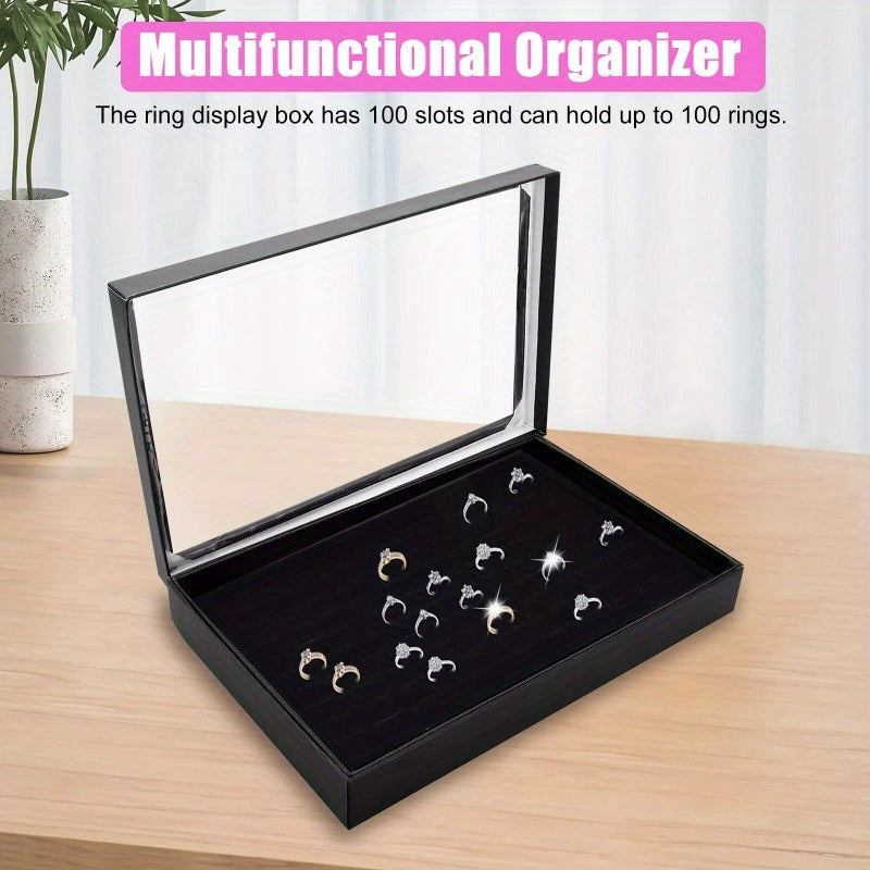 100 Slots Jewelry Ring Display Organizer Tray Holder Earrings Storage Boxes Case Rectangle Multifunctional Organizer Leather Box