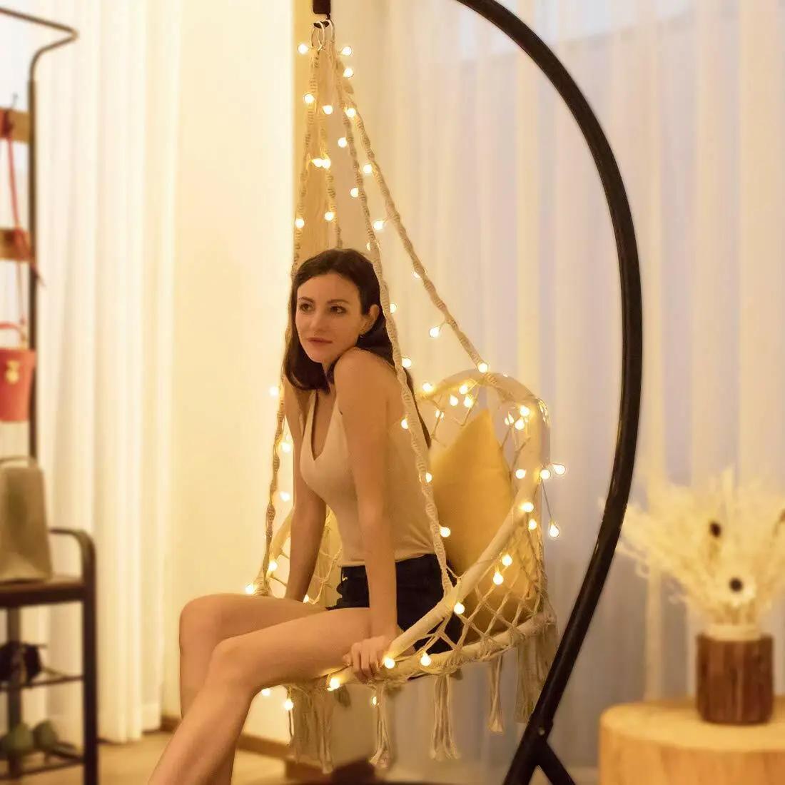 Hanging Macrame Hammock Chair Seat Swing 39FT LED Lights Indoor Outdoor