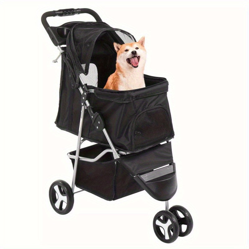 3 wheel foldable pet stroller with cover, pet stroller suitable for small and medium dogs