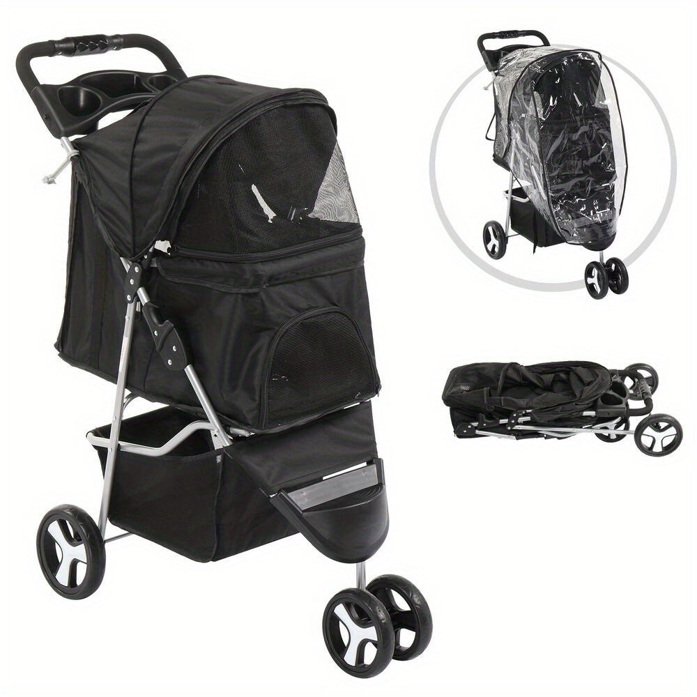 3 wheel foldable pet stroller with cover, pet stroller suitable for small and medium dogs