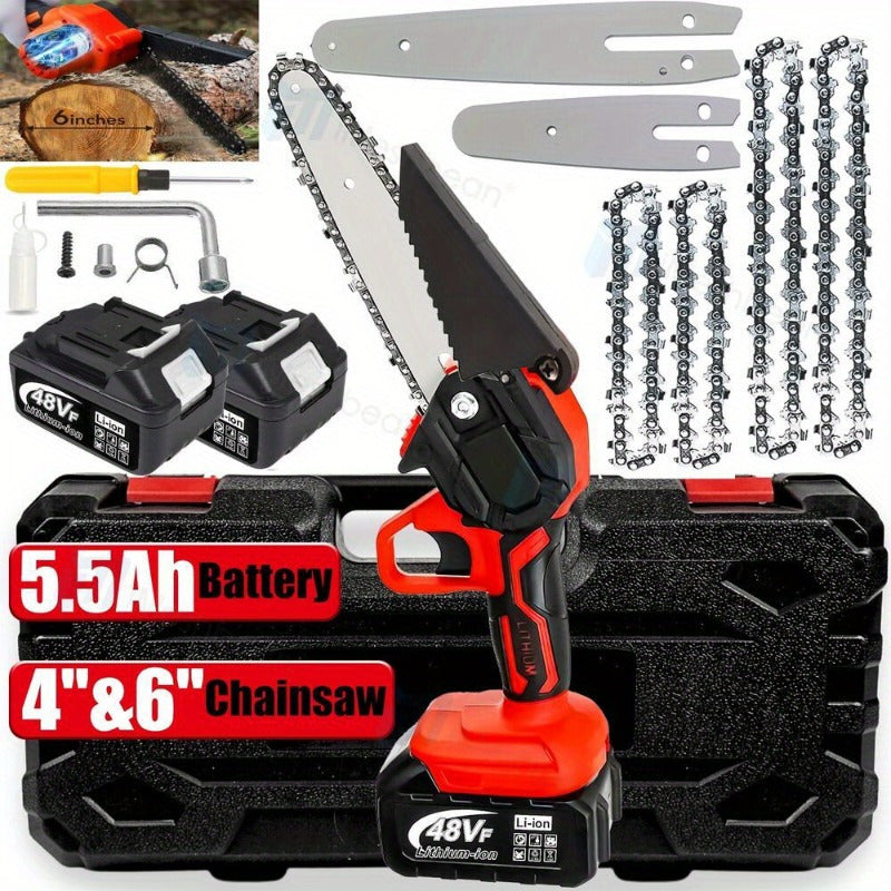 4 Inch & 6 Inch Electric Mini Chainsaw 48V Handheld Cordless Woodworking Cutter with 2 Battery 4 Chain