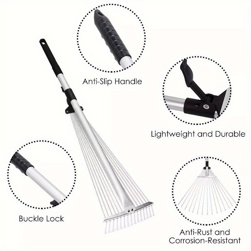 63 Inch Expandable Garden Leaf Rake Adjustable Stainless Steel Lawn Cleaning Tool
