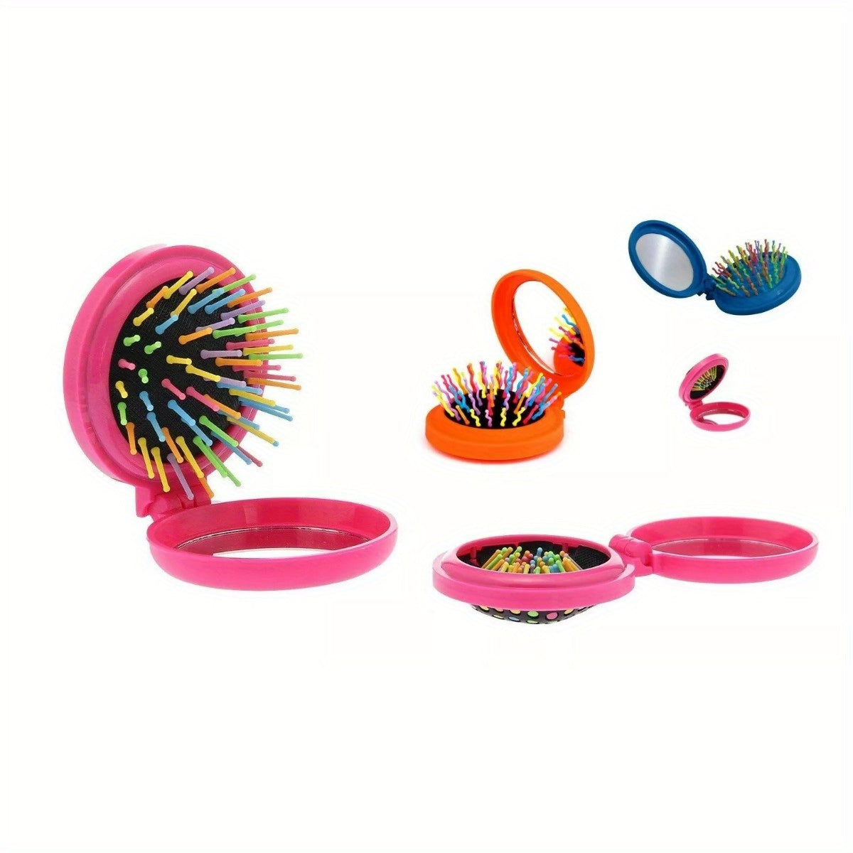 Random Color 3-Pack Folding Hair Brush & Mirror - Compact, Travel-Friendly & Purse-Ready!