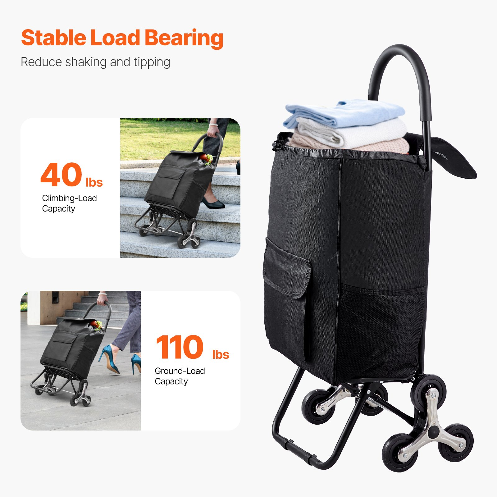 Stair Climbing Cart Foldable Shopping Cart 36L with Storage Bag 6 Wheels