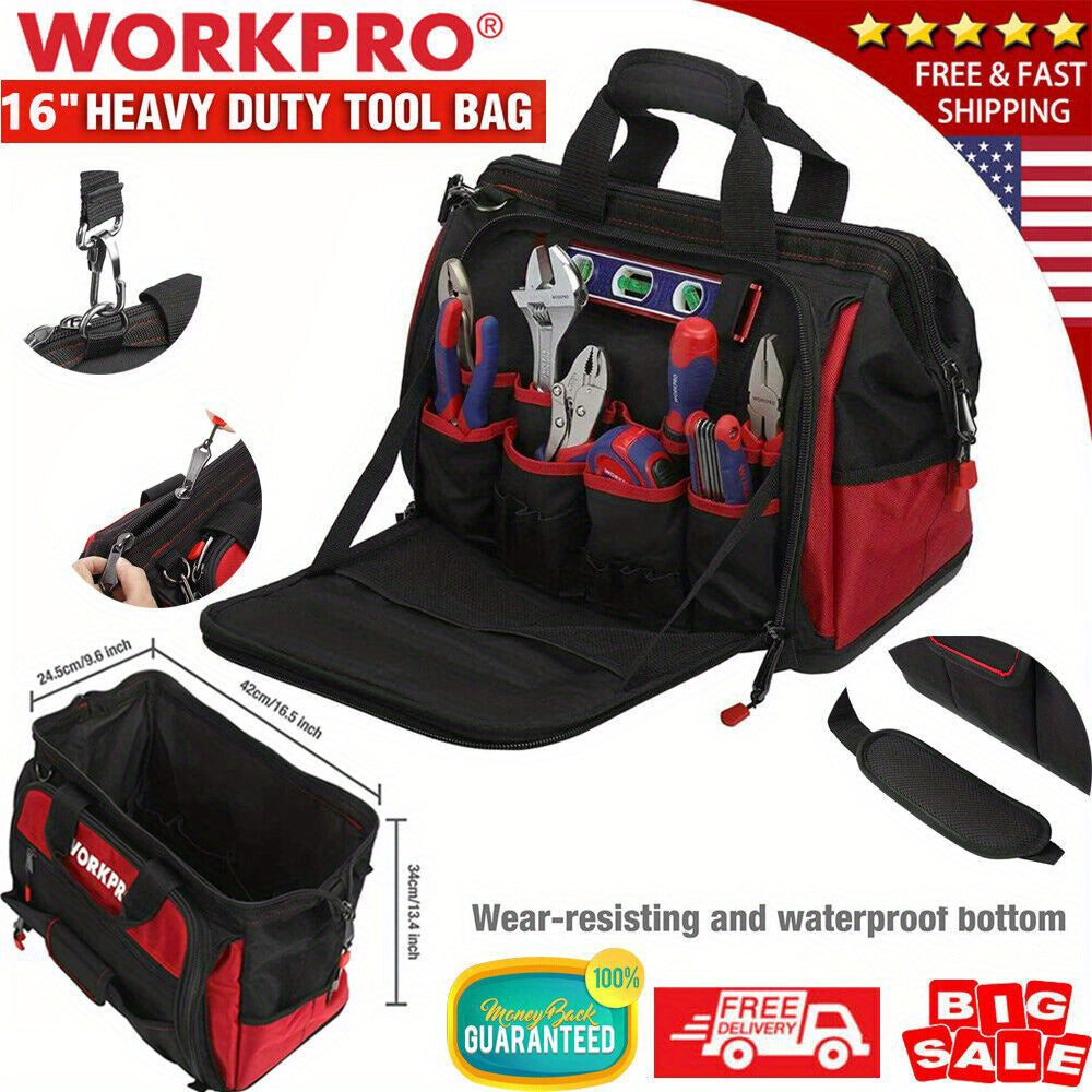 16Inches Wide Mouth Heavy Duty Tool Bag Tool Tote Storage 40Pocket Zipper Bag