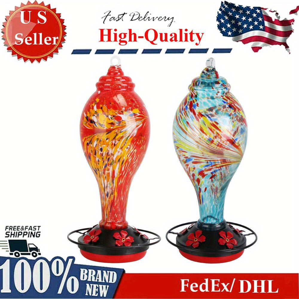 Glass Hummingbird Feeder 33OZ Hand Blown Hummingbird Feeder with 5 Flower Feeding Port Perch Ant Moat Hanging Hook S Hook Hemp Rope Cleaning Brush for Garden Backyard Decor