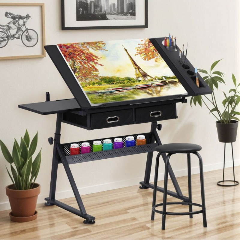 Drafting Drawing Table Tiltable Tabletop Workstation Adjustable Height w/Stool