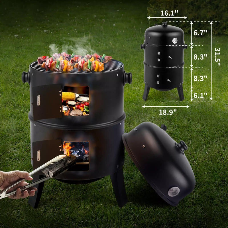 3 in 1 Outdoor Vertical Smoker Portable Meat Cooker Charcoal Smoking Grill