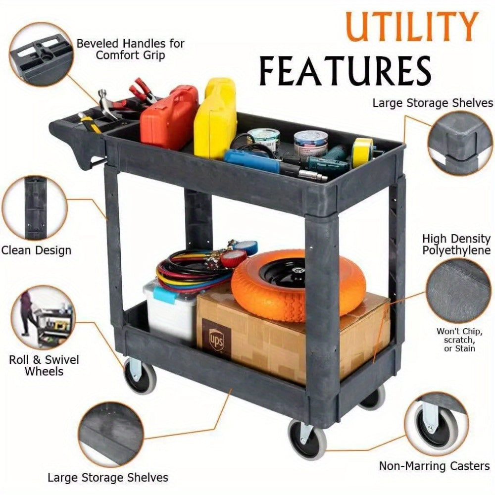Heavy Duty 2-Shelf Plastic Rolling Utility Cart with 360° Swivel Wheels