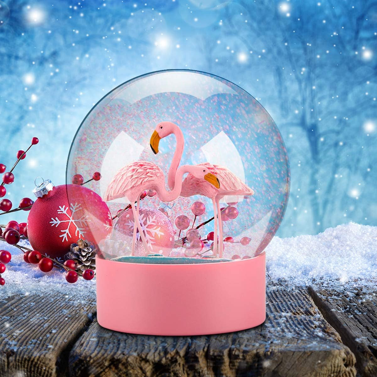 Snow Globe, Pink Flamingo Snow Globe Glitter Snow Globe for Kids, Christmas Snow Globe 100M Birthday Gift