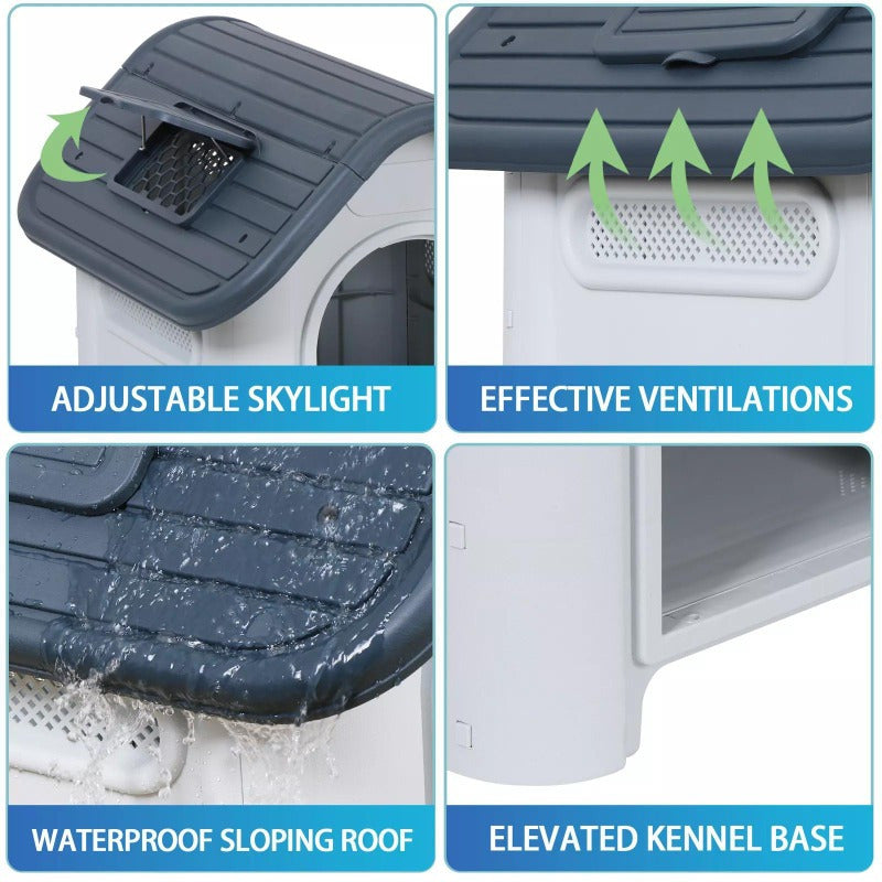 30Inches Large Dog House Outdoor Plastic with Adjustable Skylight & Elevated Base