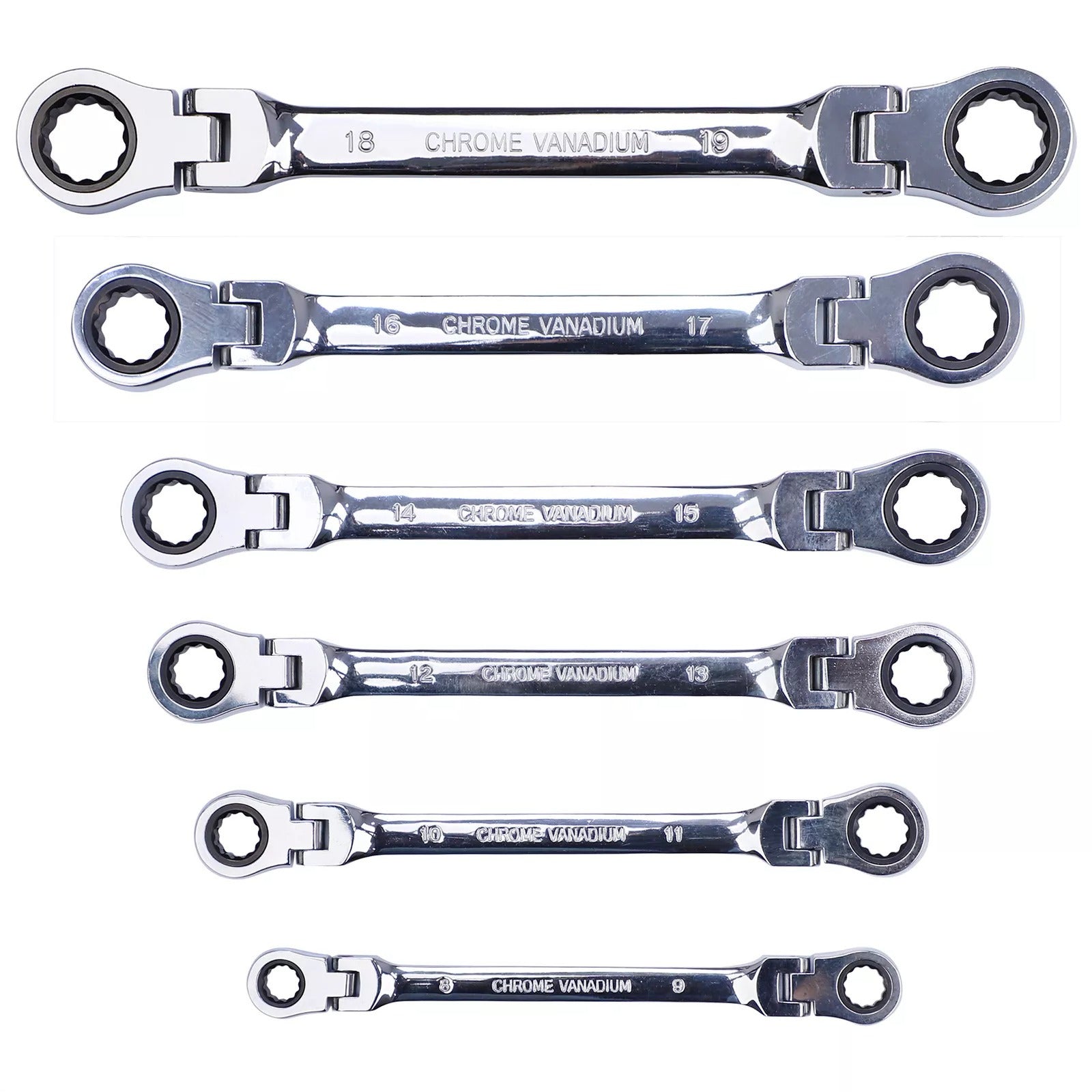 6Pc Double Box End Ratcheting Wrench Set - Flex Head, Extra Long & Heavy Duty Spanner