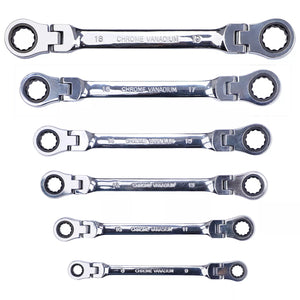 6Pc Double Box End Ratcheting Wrench Set - Flex Head, Extra Long & Heavy Duty Spanner