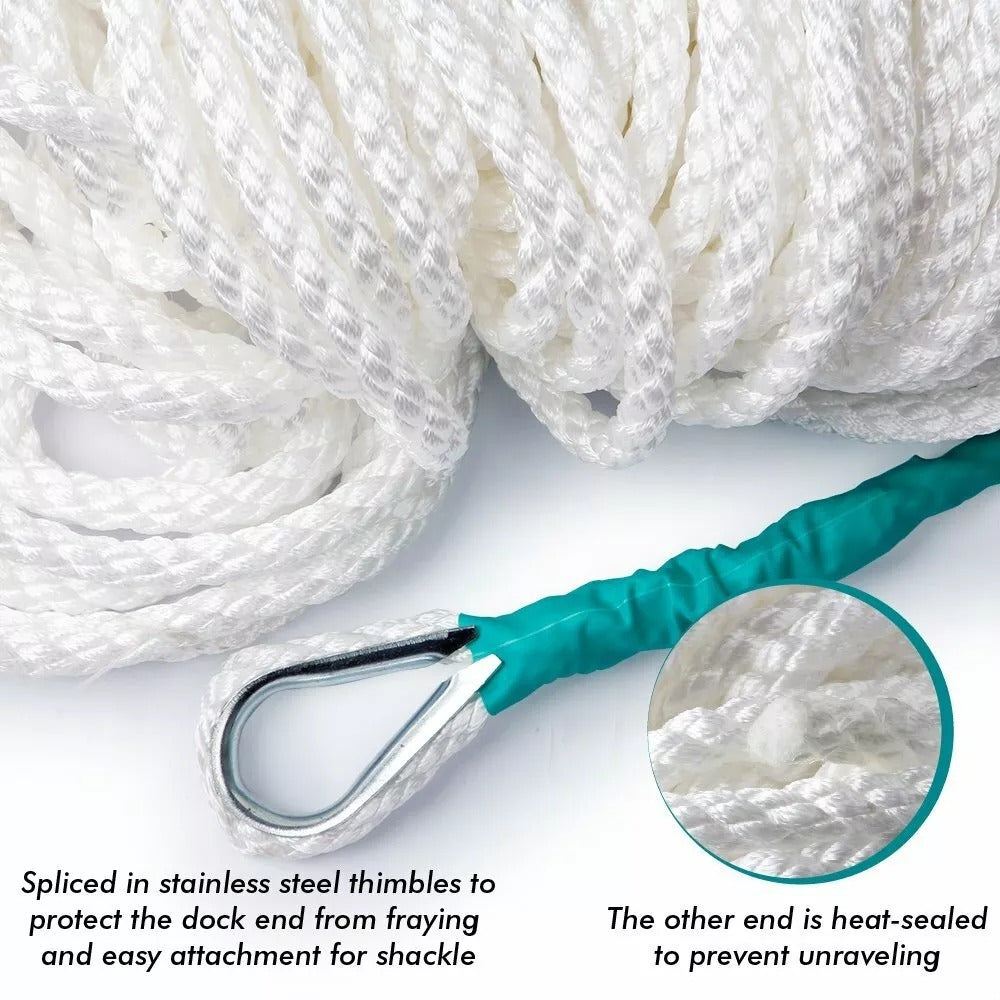 1/2" x 100' 3-Strand Nylon Anchor Rope w/ Thimble - 6250LB Boat Rigging Line