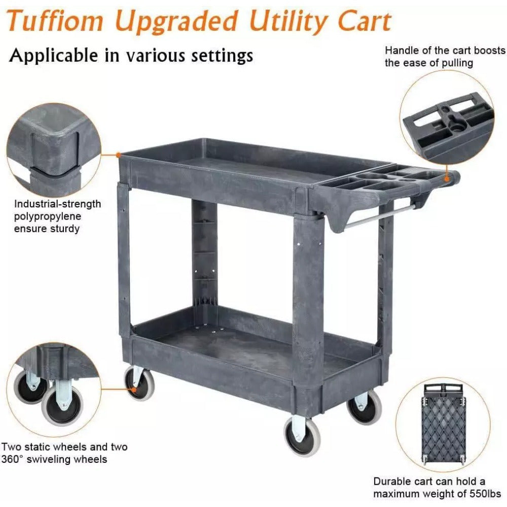 Heavy Duty 2-Shelf Plastic Rolling Utility Cart with 360° Swivel Wheels