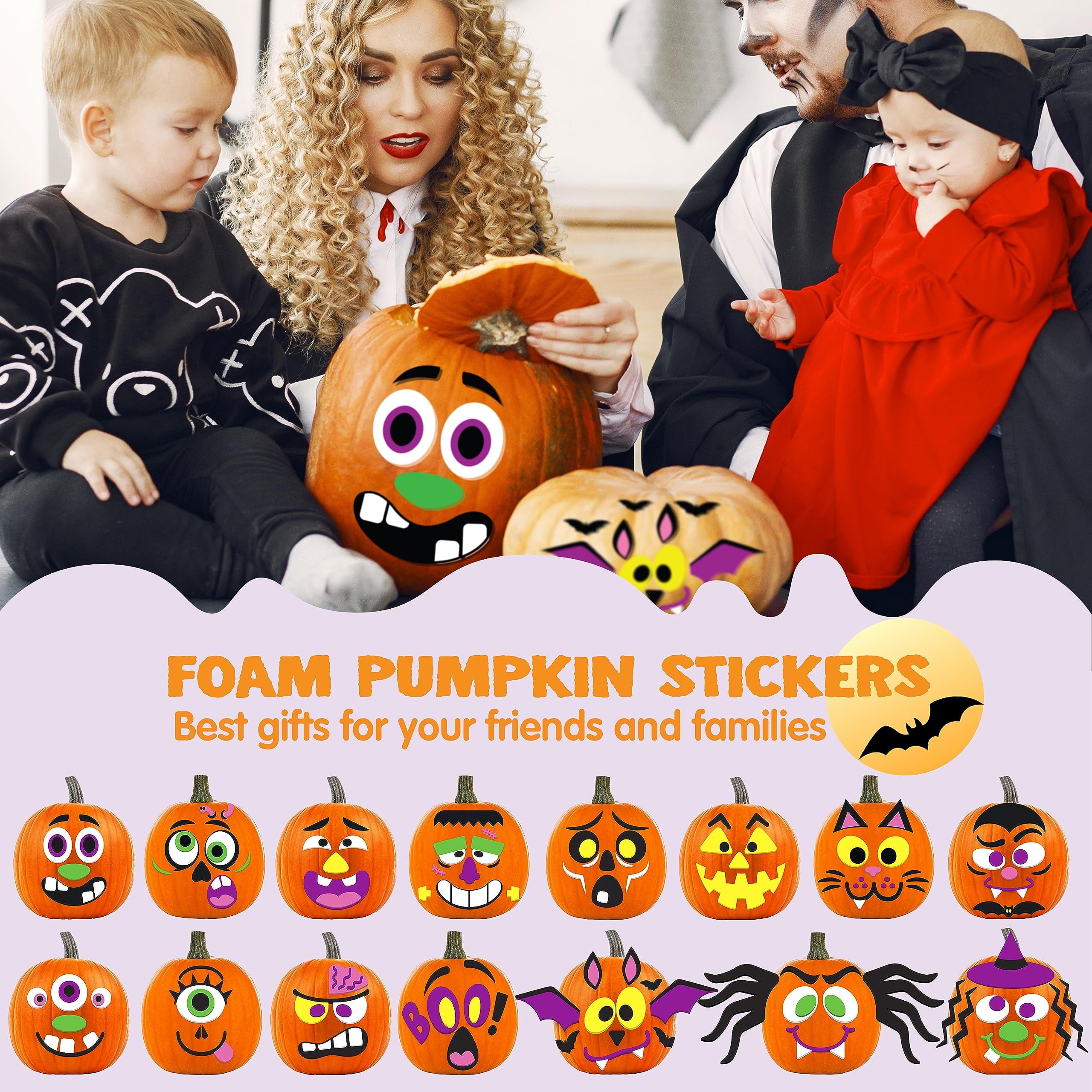 16 Pcs Halloween Pumpkin Decorations Kit for Kids,Foam Pumpkin Face Stickers Halloween Party Supplies Halloween Favors Pumpkin Painting Kit