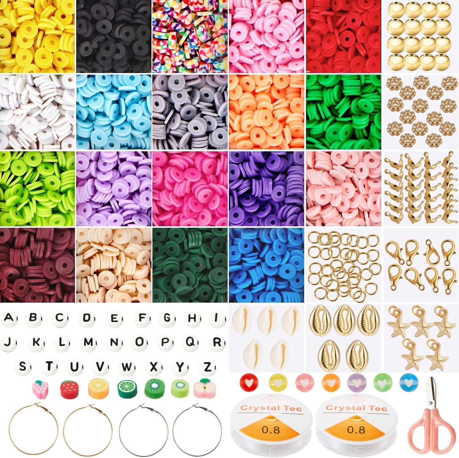 5200Pcs Clay-Beads for Bracelets-Making-Kit for Girls, 19 Colors Flat Round-Polymer-Clay-Beads for Jewelry Making 6Mm Spacer Heishi Beads with Pendant Kit and Elastic Strings for DIY Bracelets Making