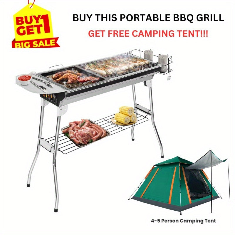 Special Offer: Foldable BBQ Grill Portable Charcoal Barbecue with Free 4-5 Person Camping Tent Waterproof & Foldable