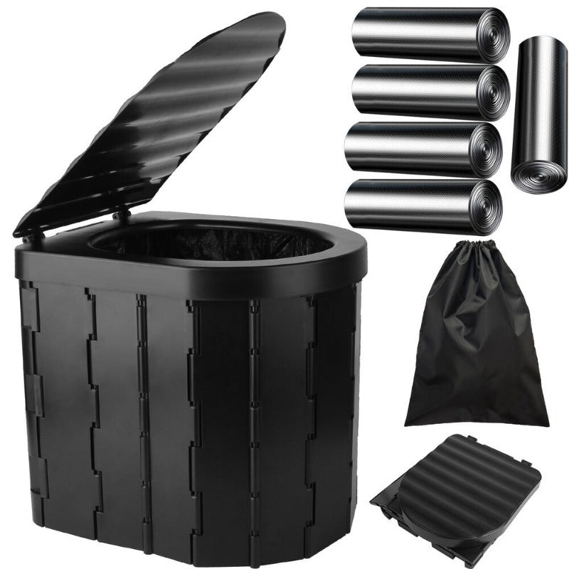Foldable Emergency Toilet Portable Porta Potty for Car Travel Camping Boating Hiking Cleanable Travel Commode with Lid Carry Bag 1 Roll Garbage Bags