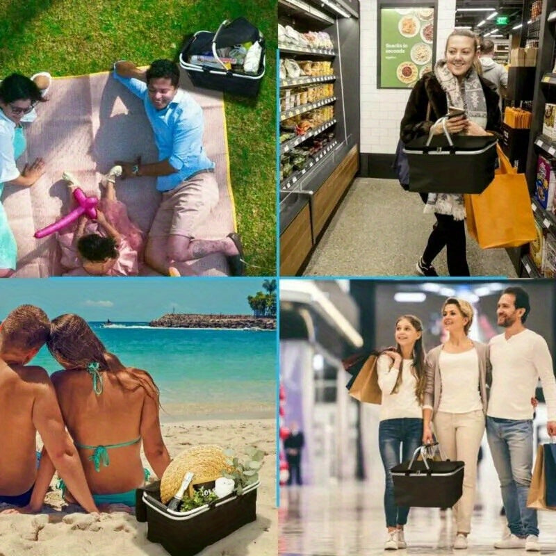 Large capacity insulated basket picnic bag picnic basket foldable shopping bag preservation bag lunch bag, Black