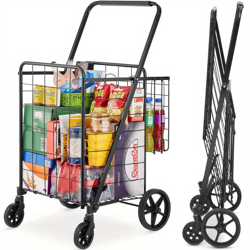 Folding Shopping Cart, Jumbo Grocery Cart with Double Baskets, 360° Swivel Wheels, Heavy Duty Utility Cart, 110 LBS Large Capacity Utility Cart for Laundry, Shopping, Grocery, Luggage