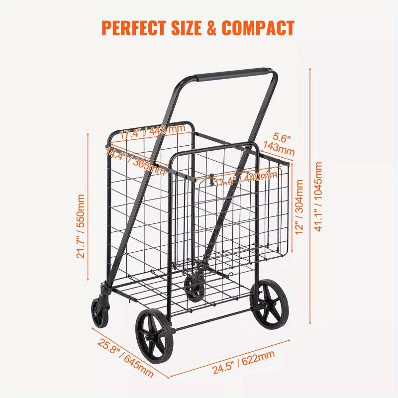 Folding Shopping Cart, Jumbo Grocery Cart with Double Baskets, 360° Swivel Wheels, Heavy Duty Utility Cart, 110 LBS Large Capacity Utility Cart for Laundry, Shopping, Grocery, Luggage