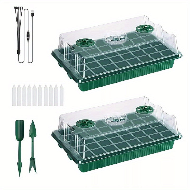 2Pcs 40 Cells Seed Starter Tray Plant Grow Light with 4 Adjustable Brightness Automatic Timing Setting Humidity Dome Plant Germination Garden