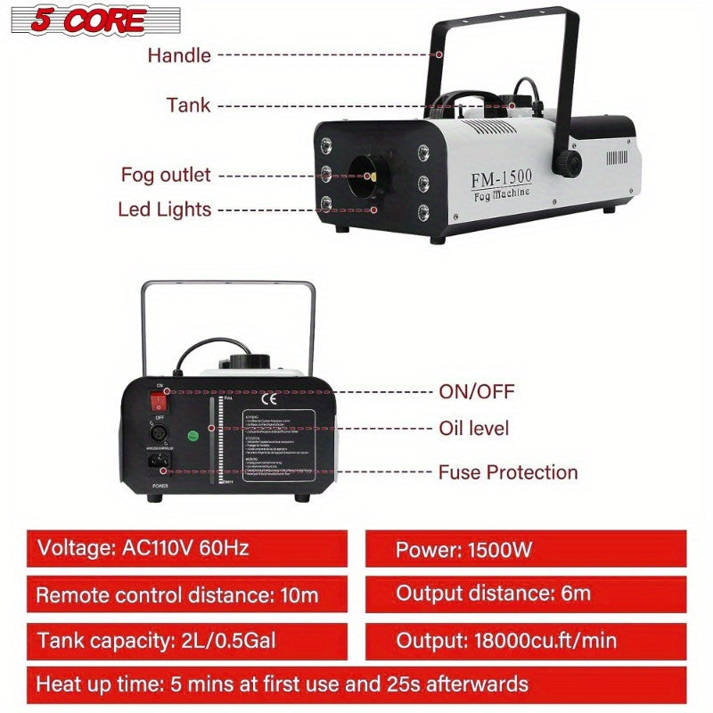 5 Core Fog Machine 1500W Smoke Machine 6000CFM Liquid Low Lying Indoor Outdoor Oil Based 2.5L Fog Maker w LED Lights Fogger for Halloween Wedding Party Christmas Stage Effect Gender Reveal FOG 1500
