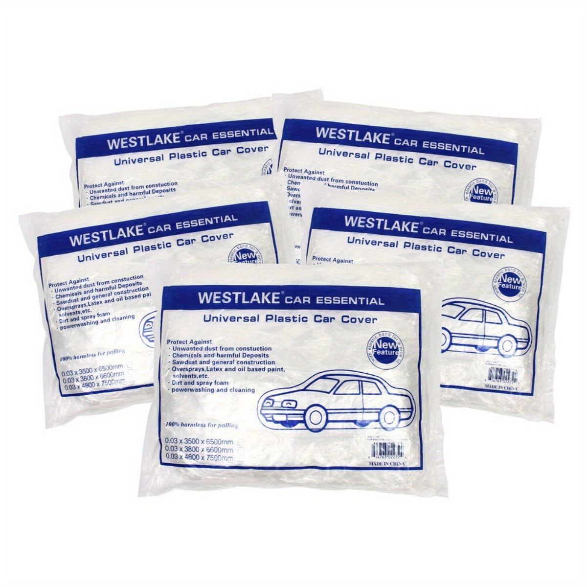 5 Pack Clear Plastic Disposable Car Covers, Universal Rain, Dust, and Garage Protection