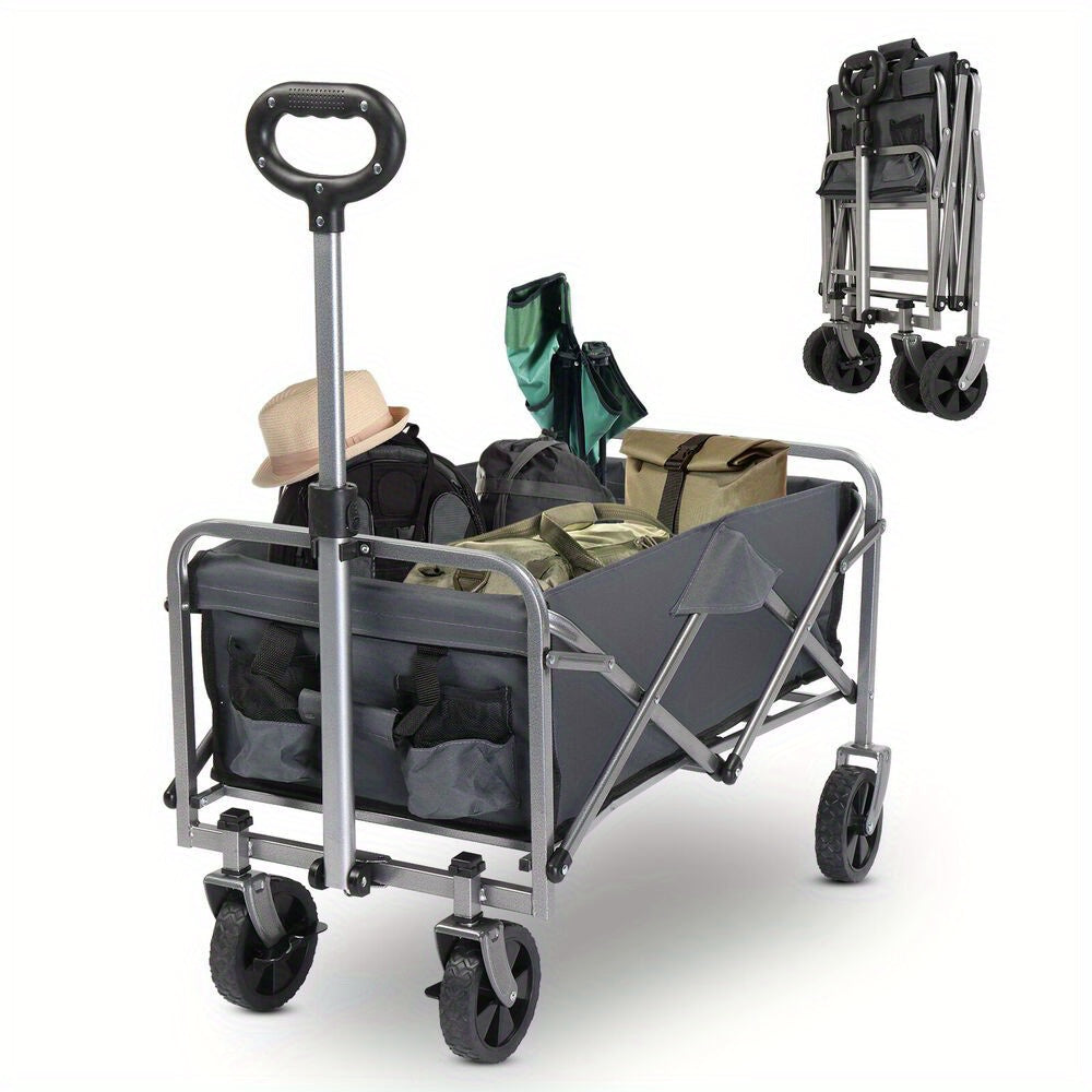 Outdoor Garden Folding Cart with Gray Cloth & Silver Frame - Compact Folding Shopping Cart for Gardening & Small Loads
