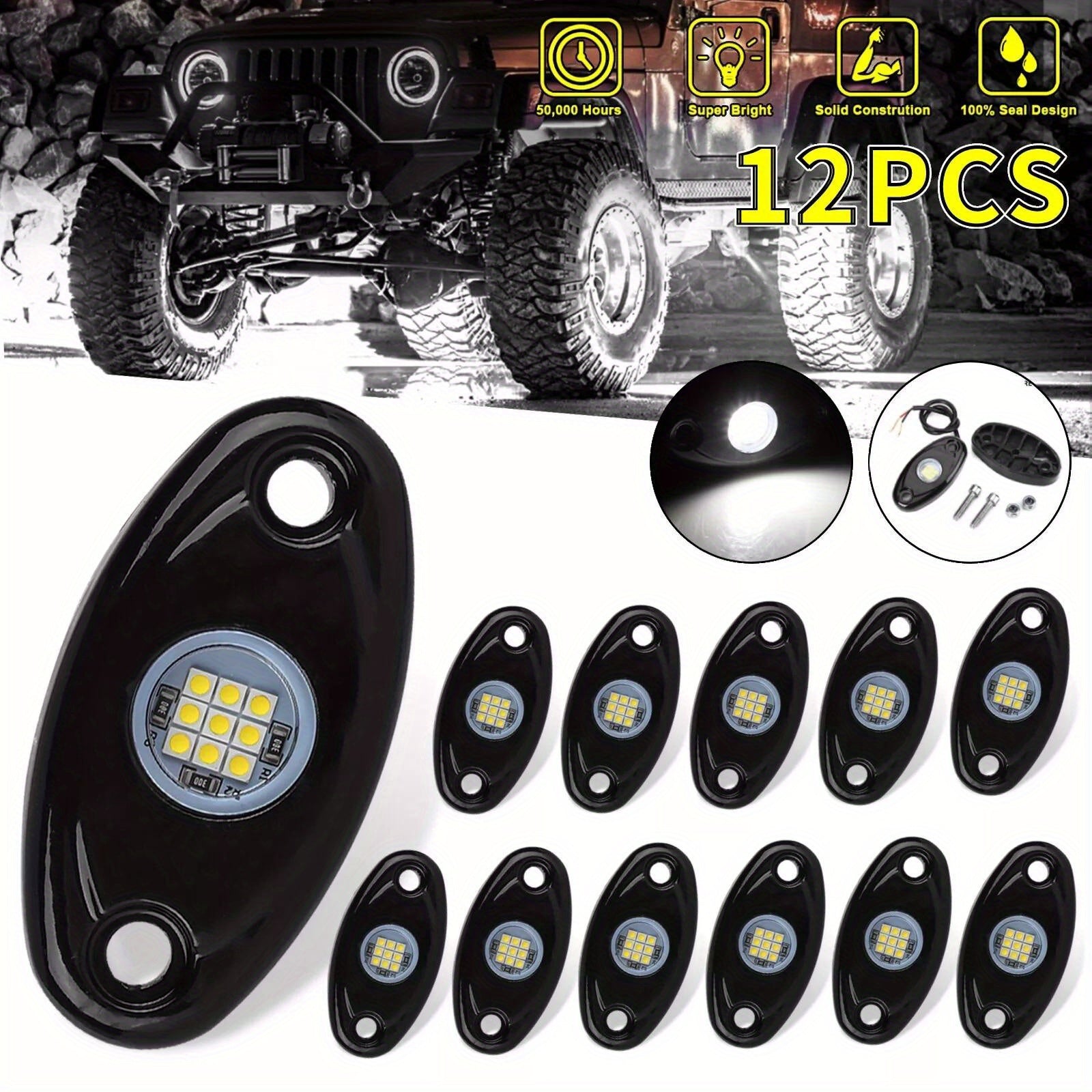 White 12 Pods LED Rock Underbody Lights for Offroad Truck ATV UTV Boat