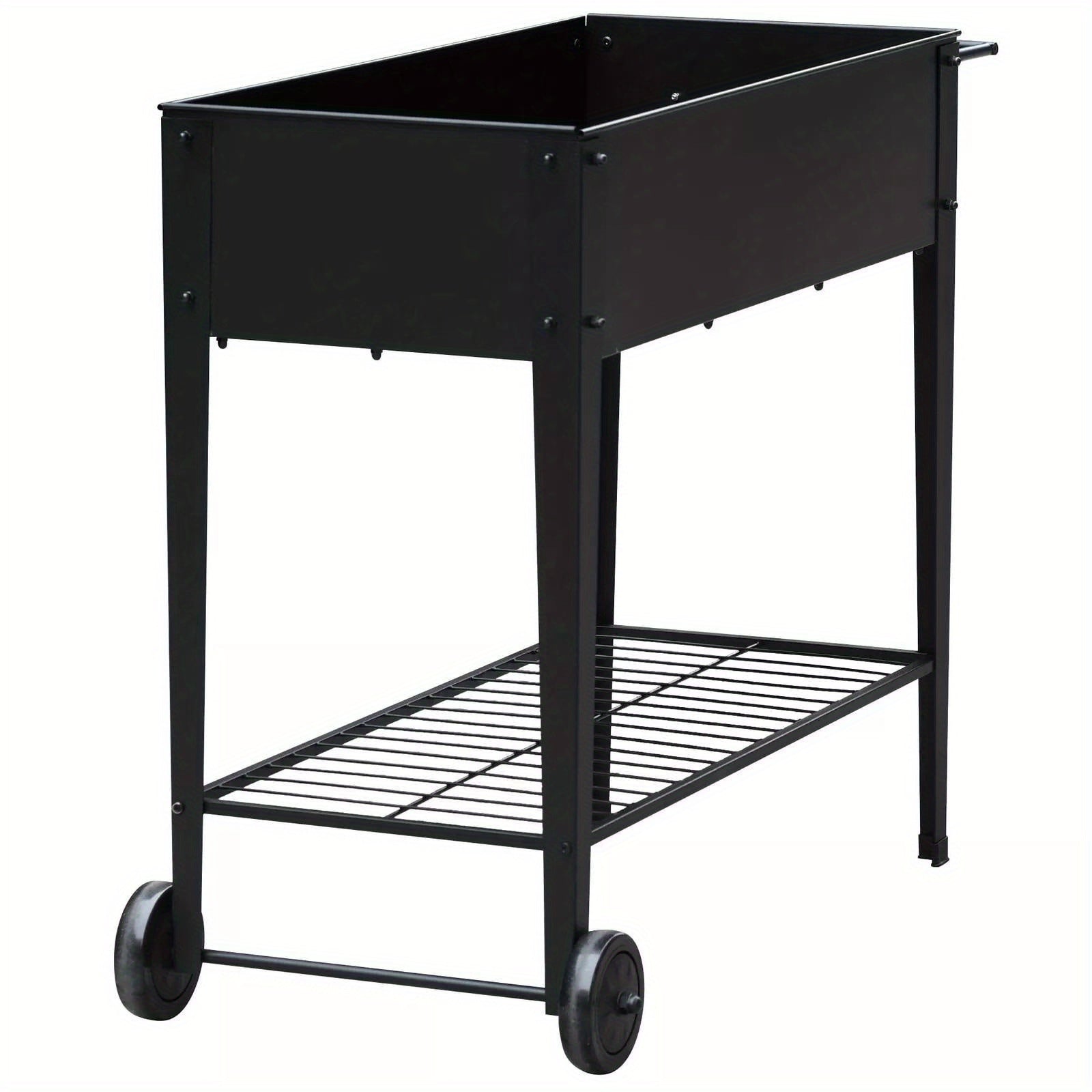 Black Compact Rolling Planter Cart - Metal Storage Box w/ Wheels, Plant Trolley