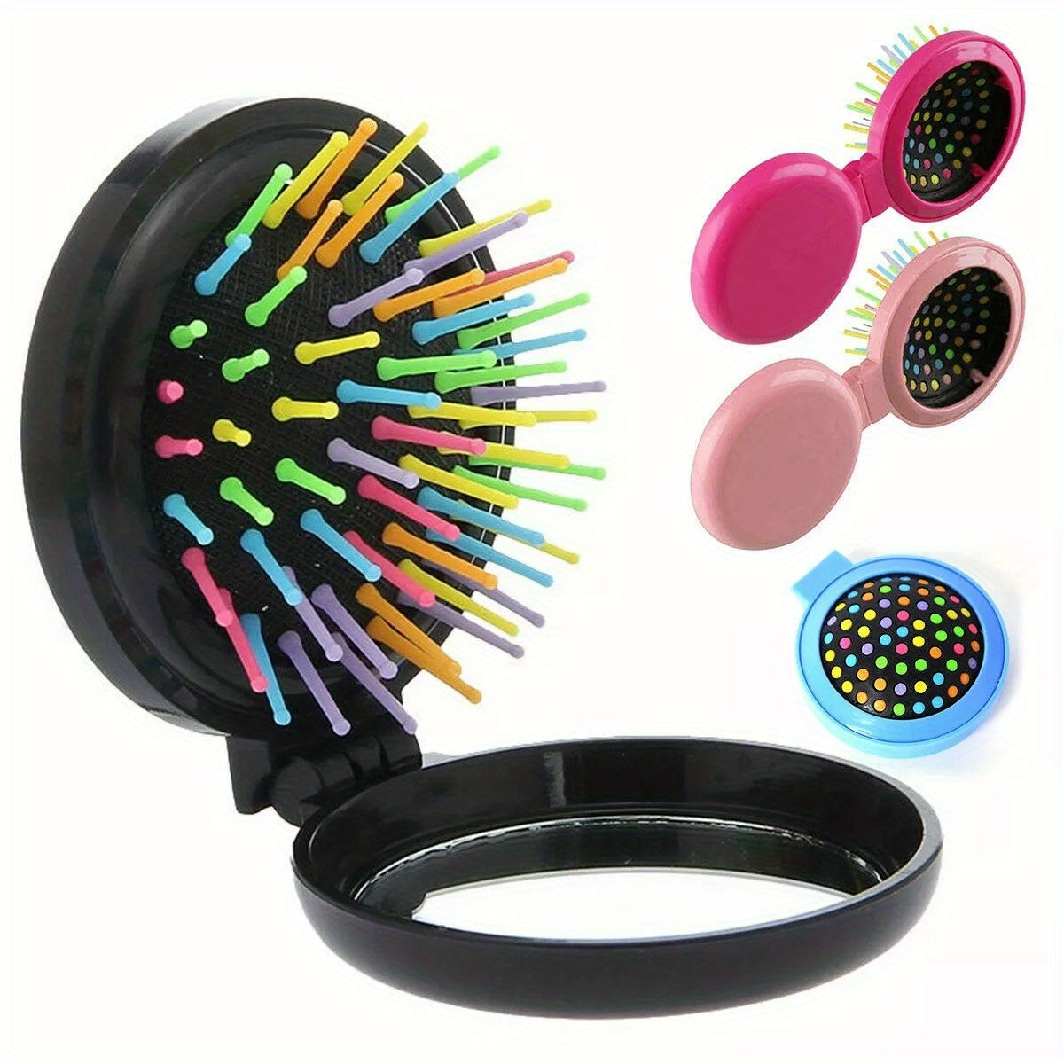 Random Color 3-Pack Folding Hair Brush & Mirror - Compact, Travel-Friendly & Purse-Ready!