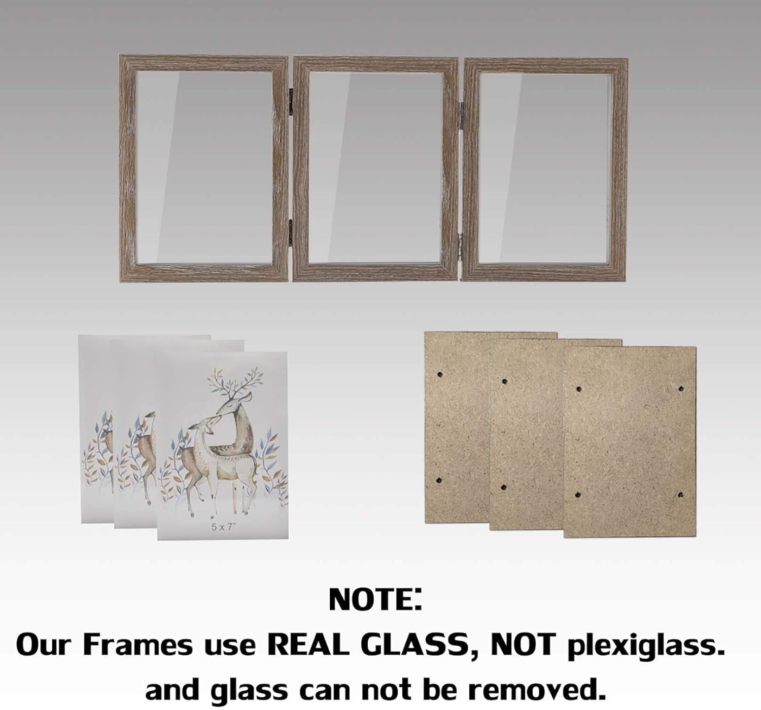 5X7 Triple Hinged Picture Frames Shadow Box MDF Wood Grain with Real Glass 3 Vertical Opening Family Lover Gift