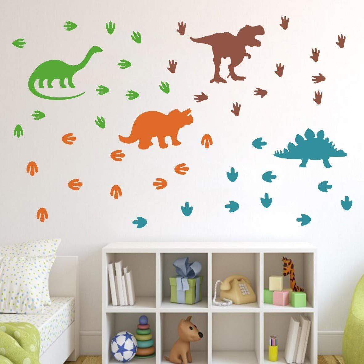 Dinosaurs Wall Decal Dinosaur Footprints&Tracks Stickers Vinyl Wall Art for Boys&Girls Kids Bedroom Nursery Room Wall Decor Murals AG01 (4 Colors Mix)