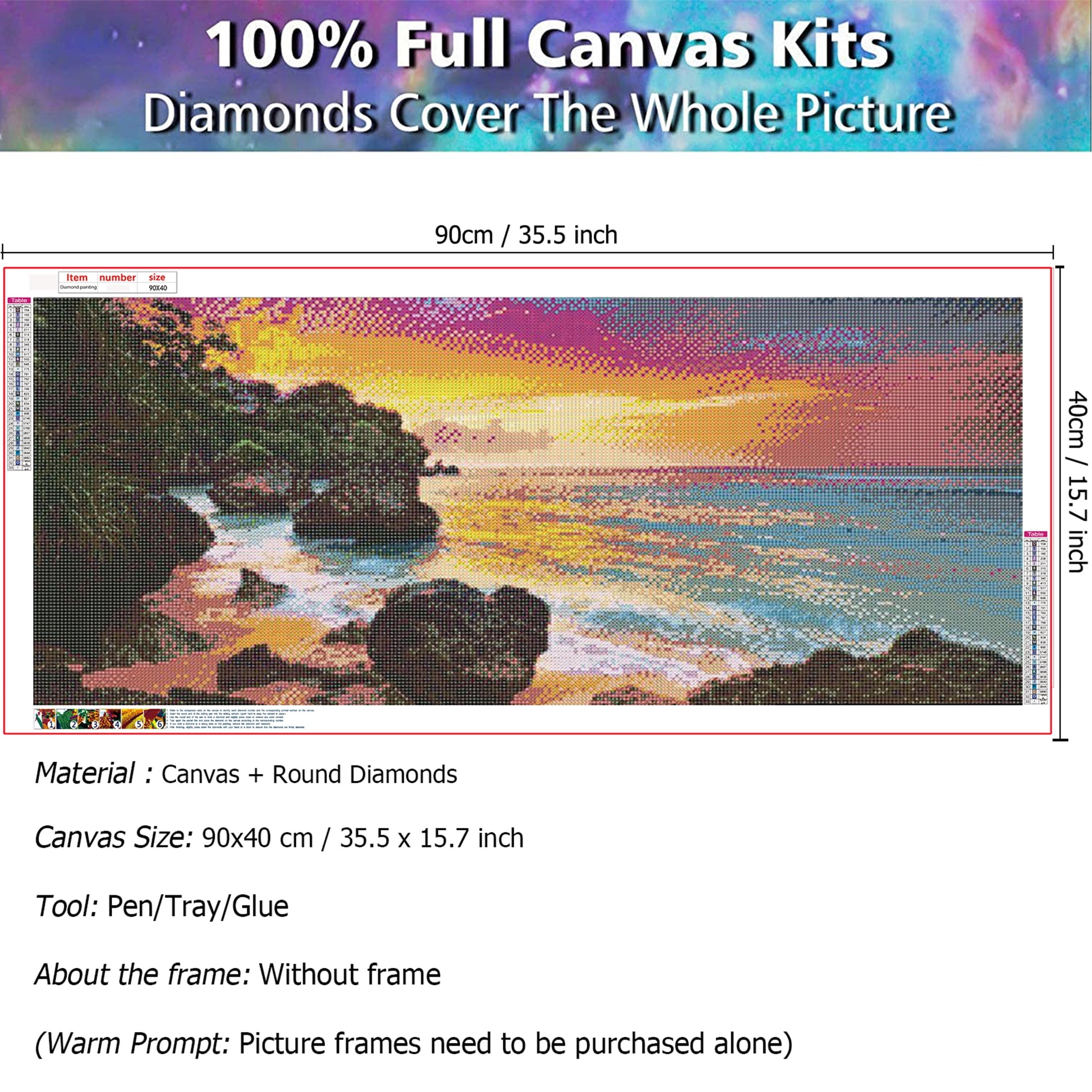 Seaside Sunrise Large Diamond Painting Kits for Adults (35.5 X 15.7 Inch), 5D Diamond Art Full round Drill DIY Embroidery Pictures Arts Paint by Number Kits for Home Wall Decor