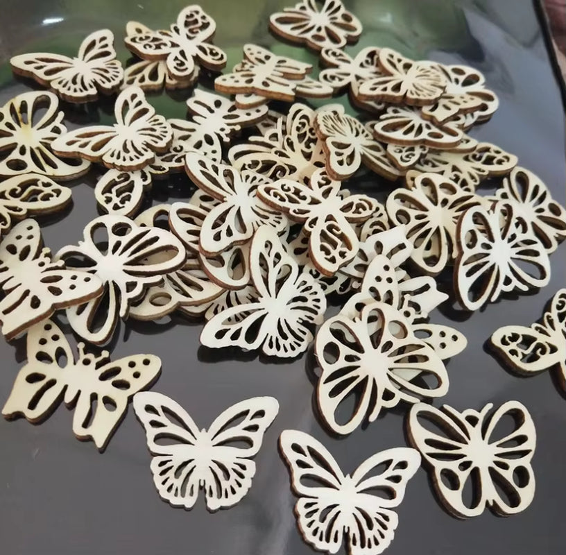 50Pcs Wooden Embellishments Flower Butterfly Shape Cutouts DIY Scrapbooking Crafts Wooden Crown Pieces Discs Wood Slice Ornament