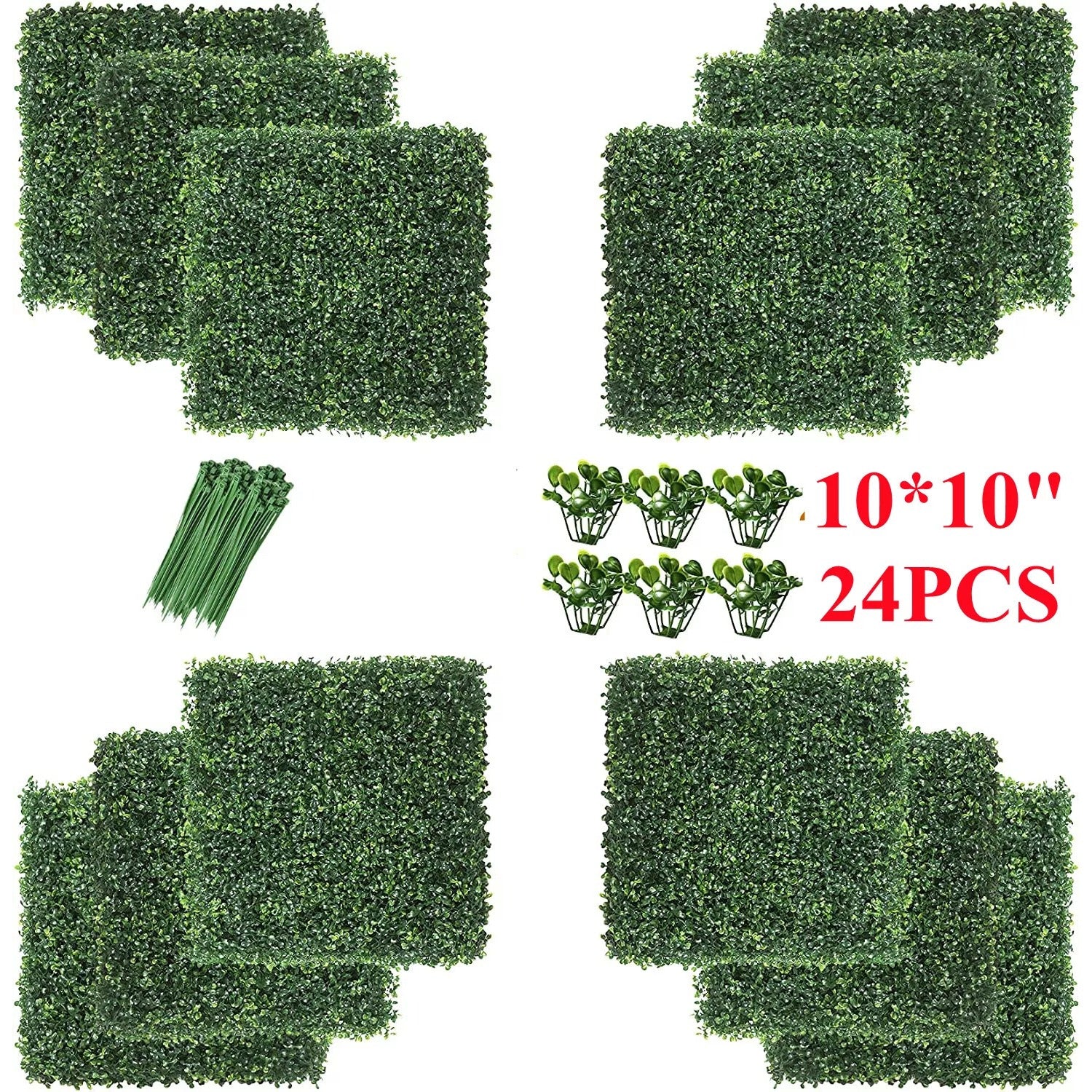 24Pcs 10x10'' Artificial Boxwood Hedge Panels - Privacy Fence & Wall Decor