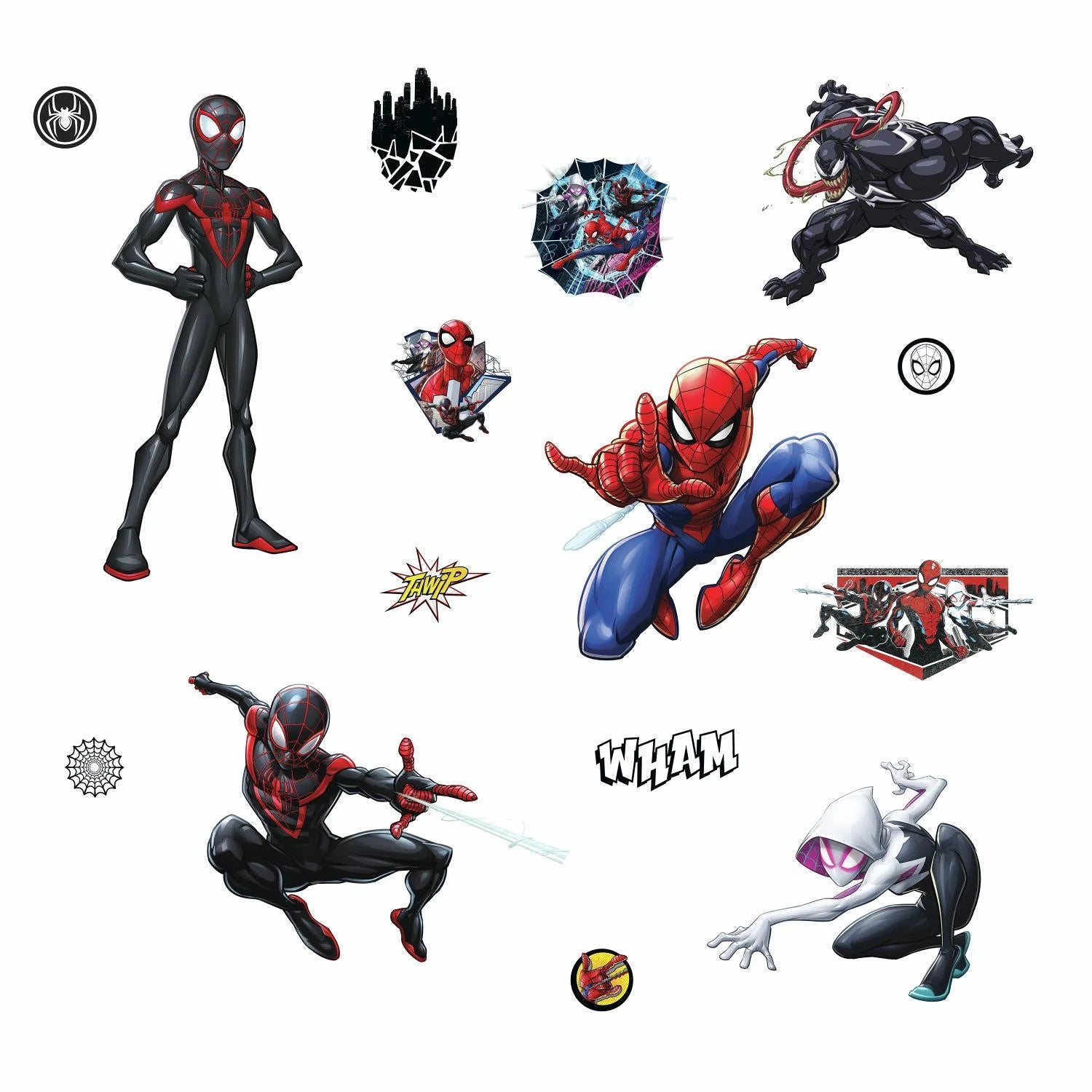 Spider-Man Miles Morales Peel and Stick Wall Decals, Black, Red, Blue, Purple Kids Room Spiderman Stickers